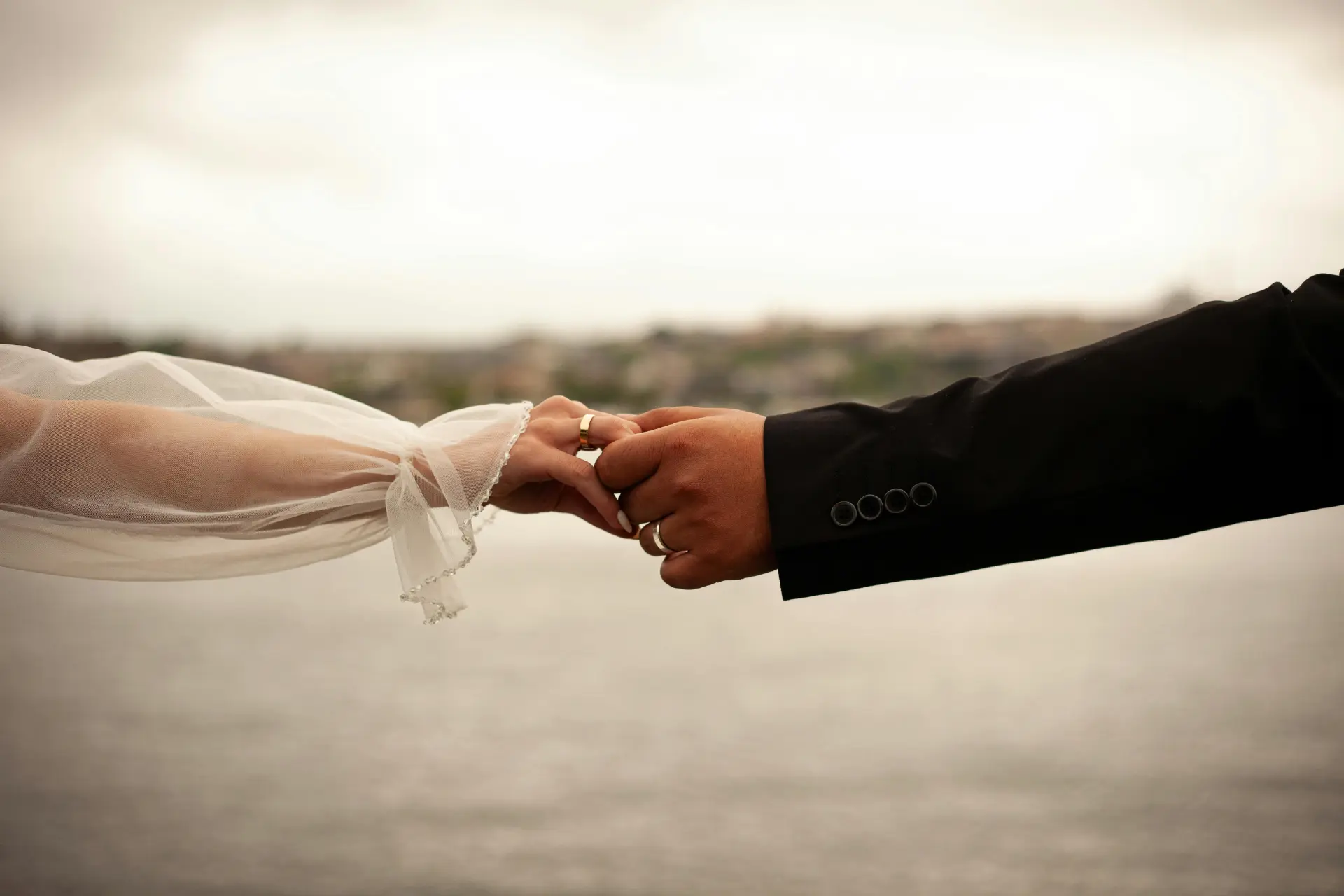 A bride's hand holding a groom in the center of the photo, rings shown